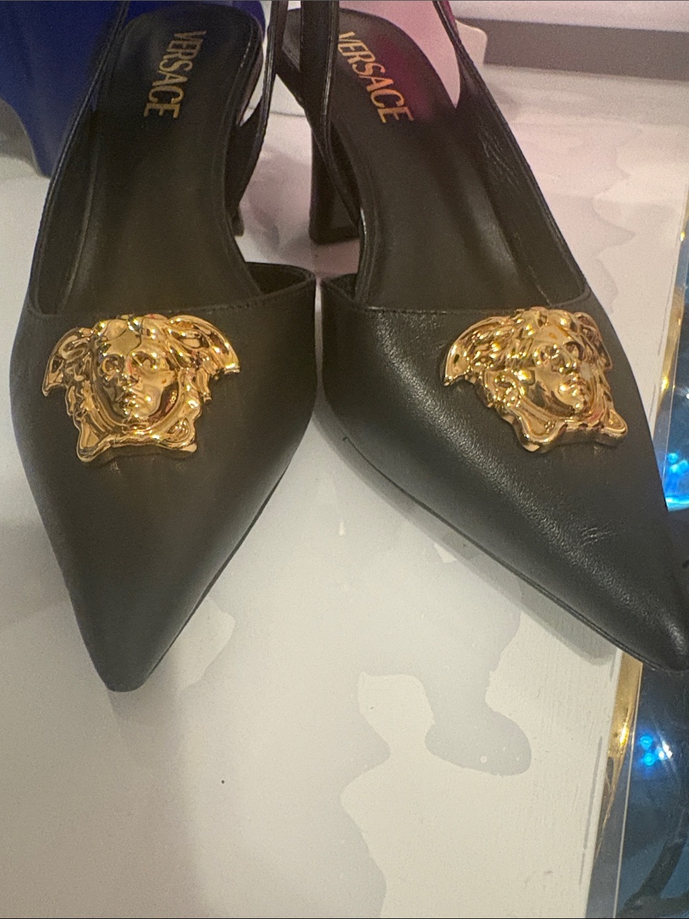 Authentic Versace Black Leather Slingback Pumps with Gold Medusa Plaques - Picture 2 of 5